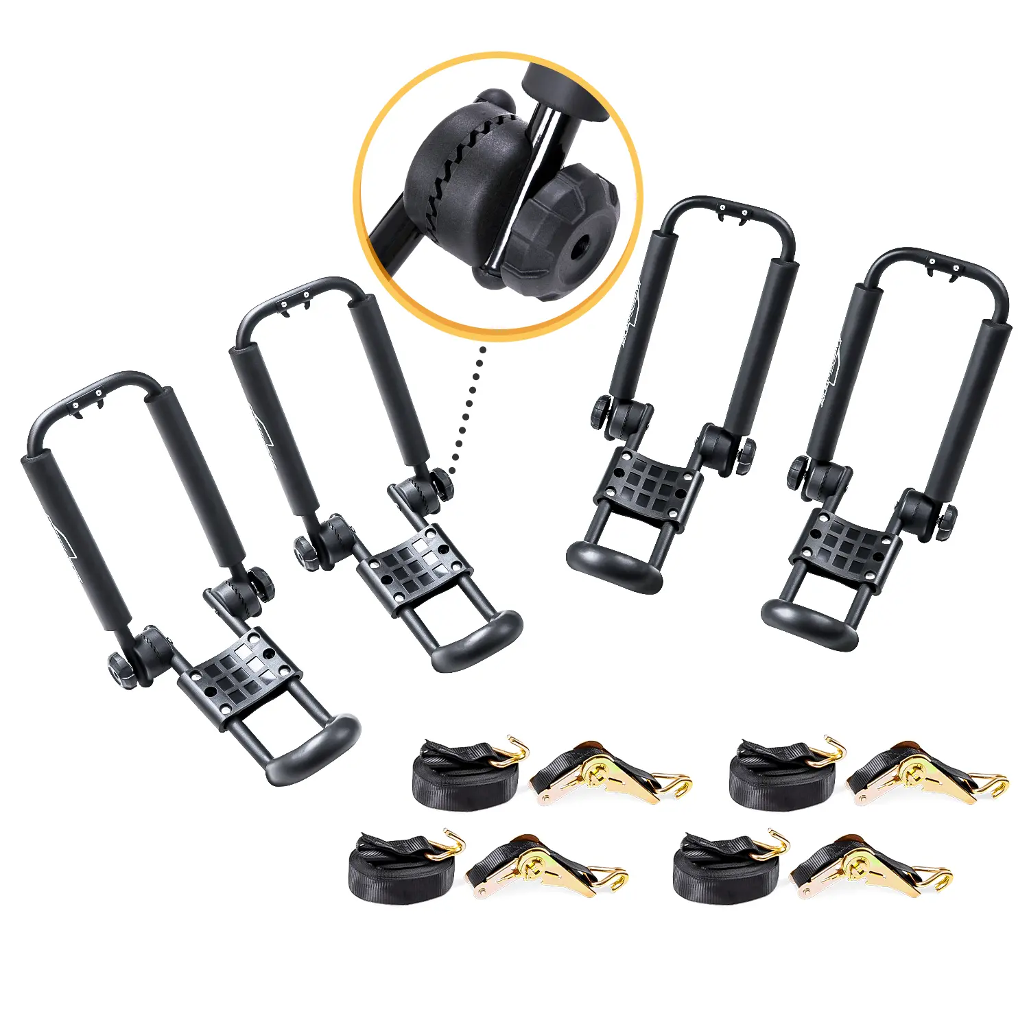 AA-Racks 2 Pair J-Bar Rack Roof Top Mount with 16 Ft Ratchet Lashing Straps, Folding Carrier for Your Canoe, SUP and Kayaks on SUV Car Truck