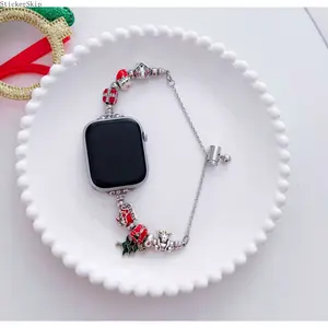 2026NEWChristmas Charm Beaded Apple Watch Band - Silver Chain Bracelet with Snowflake & Heart Charms, Adjustable Slider Strap Fits iWatch Series 10 9 8 7 6 SE Ultra, Festive Wristband for Holiday
