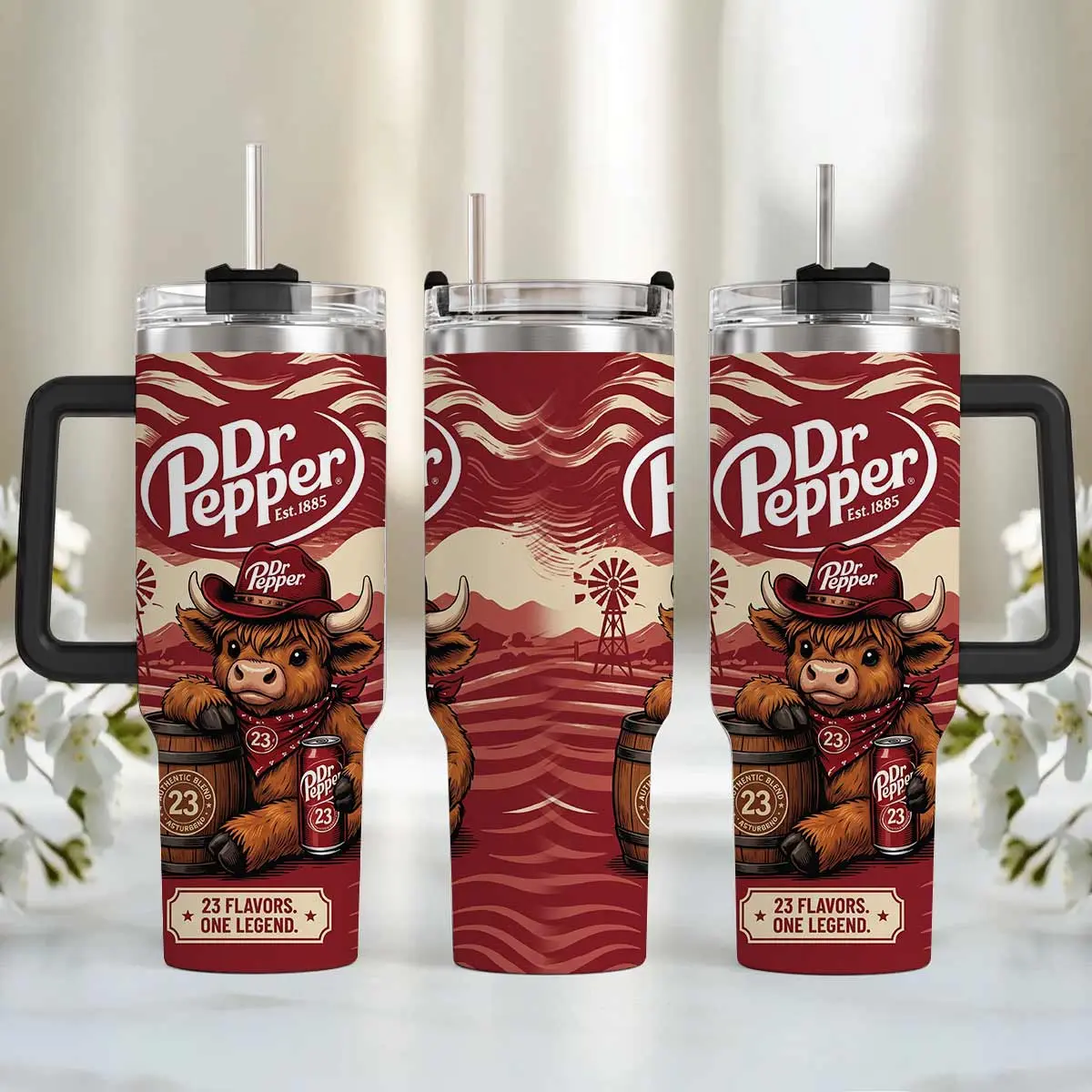 Dr Pepper 40oz Tumbler with Handle, Highland Cow Travel Mug, Western Cowboy Cup, Soda Lover Gift, Stainless Steel Tumbler