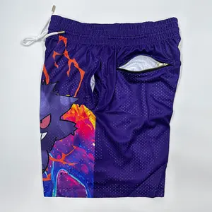 Purple Fire Cartoon Full Print Gym Shorts Men's Shorts with Four Pockets