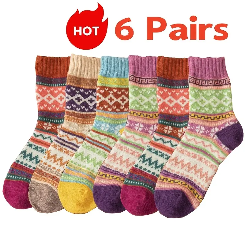 6 Pairs Vintage Boho Crew Socks for Women|Aesthetic Nordic Patterned Summer Lounge Socks