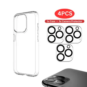 4PCS including 1 Clear Phone Case and 3 Camera Lens Protectors for iPhone 16, 15, 14, 13 12, 11, Pro, Plus, Pro Max, Mini, Clear cover, Camera Lens Protector