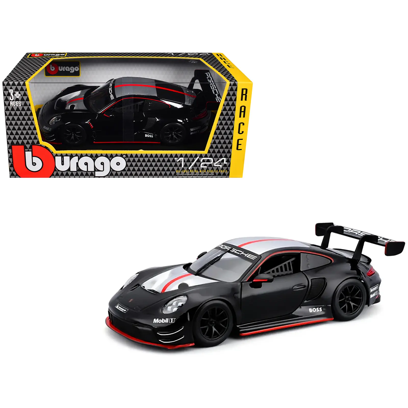 Porsche 911 GT3 R Black with Silver Hood and Top and Red Stripe "Race" Series 1/24 Diecast Model Car by Bburago