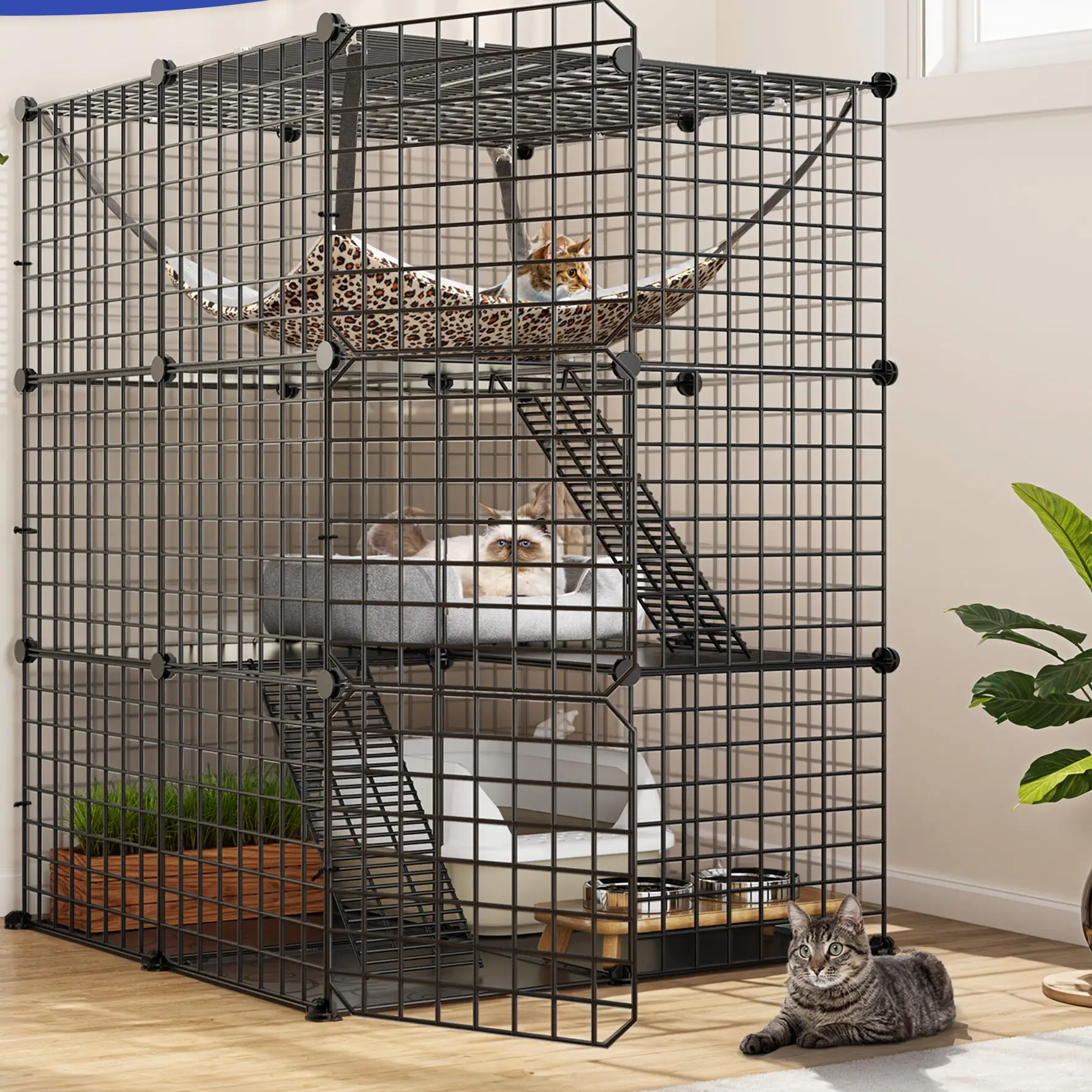 Yitahome Cat Cage Indoor Catio DIY Cat Enclosures Metal Cat Playpen 2/3/4-Tiers Kennels Pet Crate with Extra Large Hammock for Cats, Rabbit