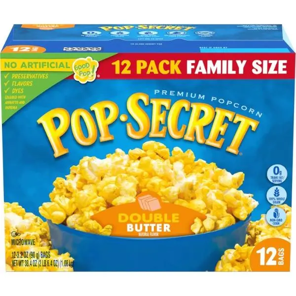 Double Butter Microwave Popcorn Snack, 12ct 3.2oz Bags (38.4oz Halal Boxed Pack), Ambient Storage, Non-GMO, Double Butter Blast (Pack of 1)