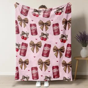 Dr Pepper Flannel Leopard print bow Throw Blanket - Versatile For Sofa, Bed, Office, Camping- Cozy Nap Blanket-280GSM