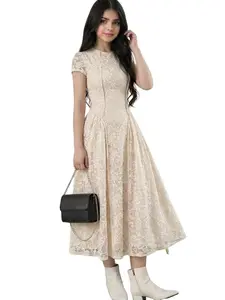 Teenage Girl Summer French Chic Elegant New Lace Fabric Round Neck Waist Cinch Patchwork Short Sleeve Apricot Medium-Length Dress
