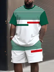 Men's Plus Size Striped T-Shirt Shorts Set, Summer Clothing Set, Polyester Material, Summer Sports, Party Travel Gift