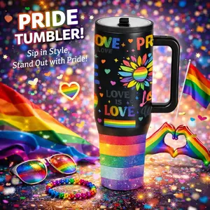 1pc 40oz Stainless Steel Rainbow Pride Tumbler With Handle And Lid, Love Is Love Colorful Heart Design Insulated Travel Mug, Insulation Double Wall Vacuum Cup Keeps Cold 12H Hot 6H, Large Capacity Coffee Cup Gift For Friends LGBTQ Pride Month Birthday