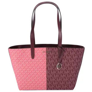 Pre-owned MICHAEL KORS PVC Tote Bags Jet Set Travel Medium Zip Top Tote Oxblood Multi MK SIgnature
