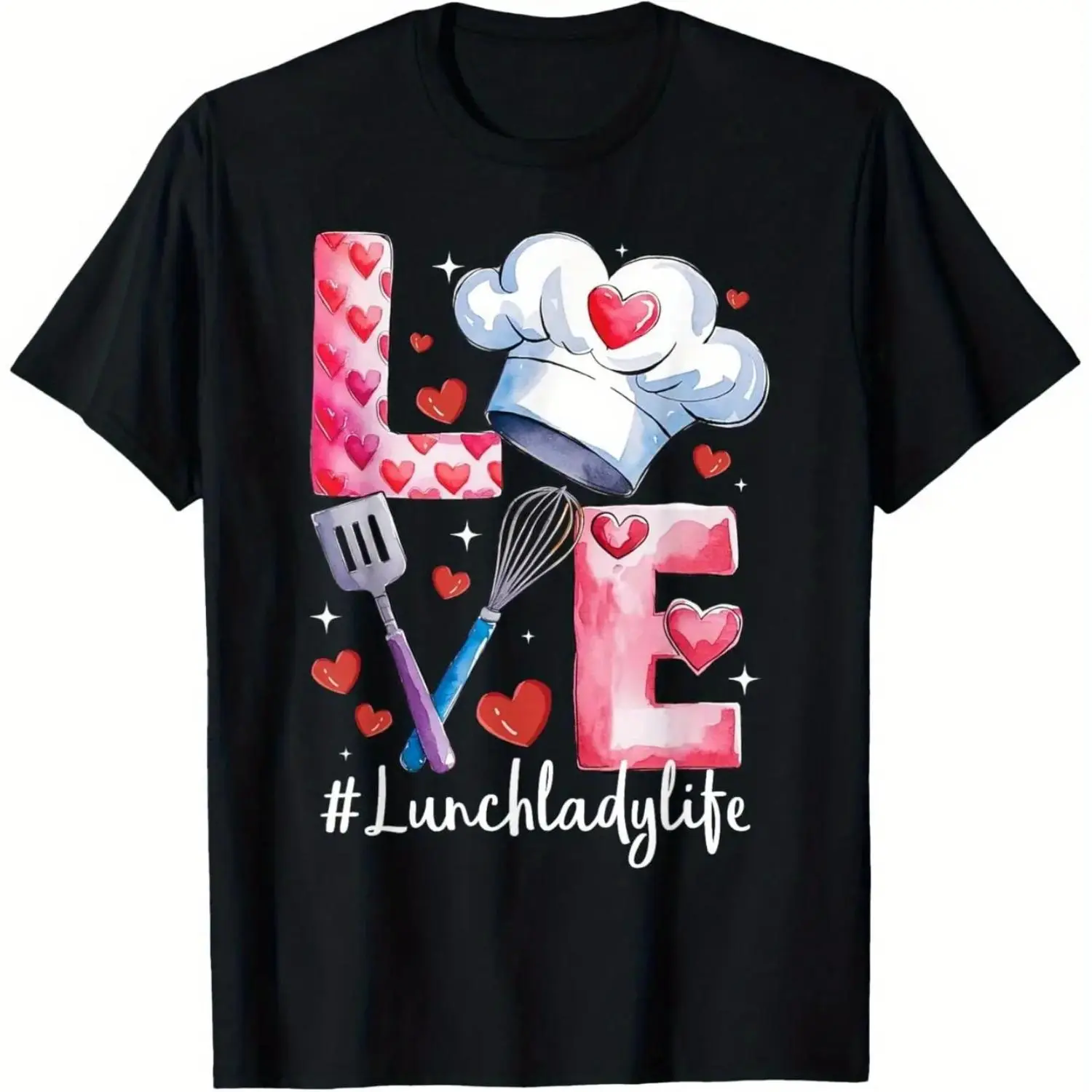 Lunch Lady Life Graphic Tee - Love Theme Design with Hearts & Cooking Motifs - Black 100% Cotton Short Sleeve T-Shirt for Women & Men - Casual All-Season Wear Sizes S-XXXXXL Perfect Valentine's Day Gift for School Cafeteria Staff