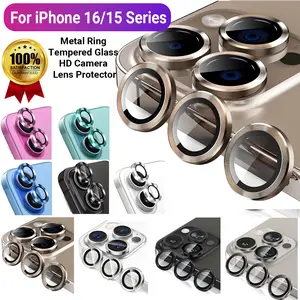 For iPhone 16 15 Pro Max/ 16 15 Plus/ 16 15 Pro/ 16 15 Metal Ring Tempered Glass HD Camera Lens Protector