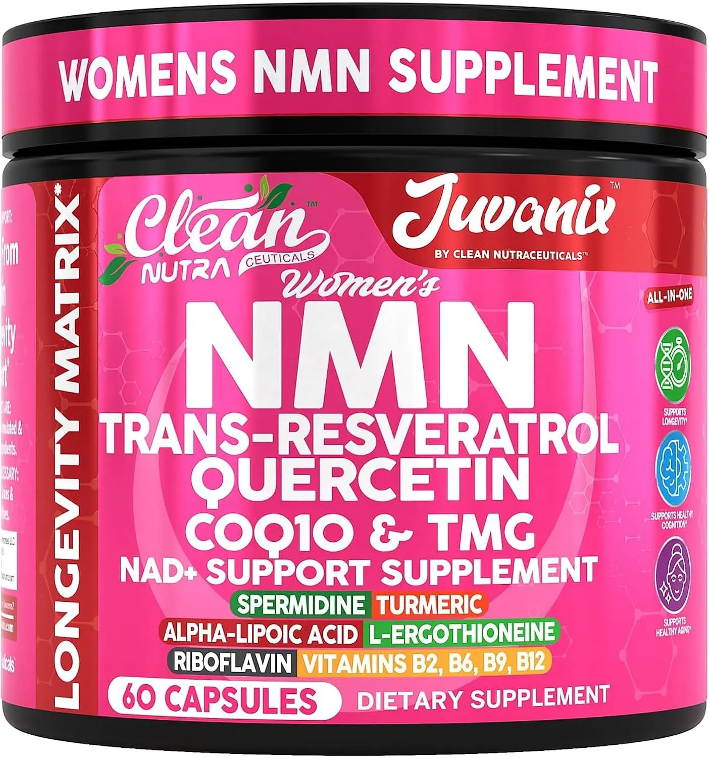 NMN Supplement 500mg NAD+ Resveratrol for Women – Womens NMN NAD+ Supplement Jar with CoQ10 Quercetin Spermidine TMG – Longevity Anti Aging Cellular Energy Brain Health – Nicotinamide Mononucleotide – 60 Capsules Glass Jar – Clean Nutra Juvanix