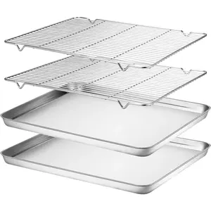 Baking Sheet & Rack Set [2 Sheets + 2 Racks], Stainless Steel Cookie Pan with Cooling Rack, Size 16 x 12 x 1 Inch, Non Toxic & Heavy Duty & Easy Clean
