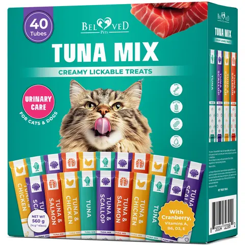 Beloved Pets Creamy Lickable Cat Treats Wet Squeeze Tubes - Chicken & Tuna Mix, Liquid Feeding Snacks, Urinary & Skin Care Support, Multivitamin for Cats (40 Sticks)