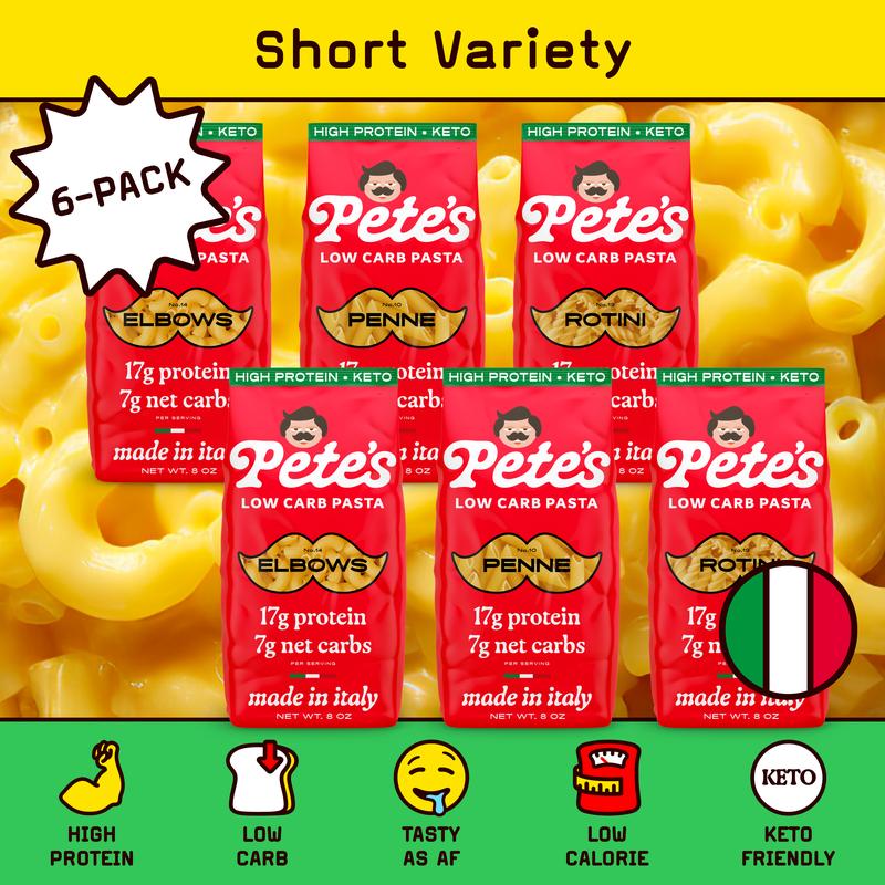 Pete's High Protein, Low Carb Pasta - Variety Penne, Rotini, Elbow Macaroni