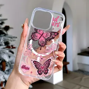 Pink Butterfly Pattern Compatible with iPhone 16 15 Pro Max Plus 14 13 12 mini 11 X XR XS Beautiful Gift Durable shockproof Anti-Scratch PC Protective Case Design Offers Shockproof Supports Magnetic Wireless Charging