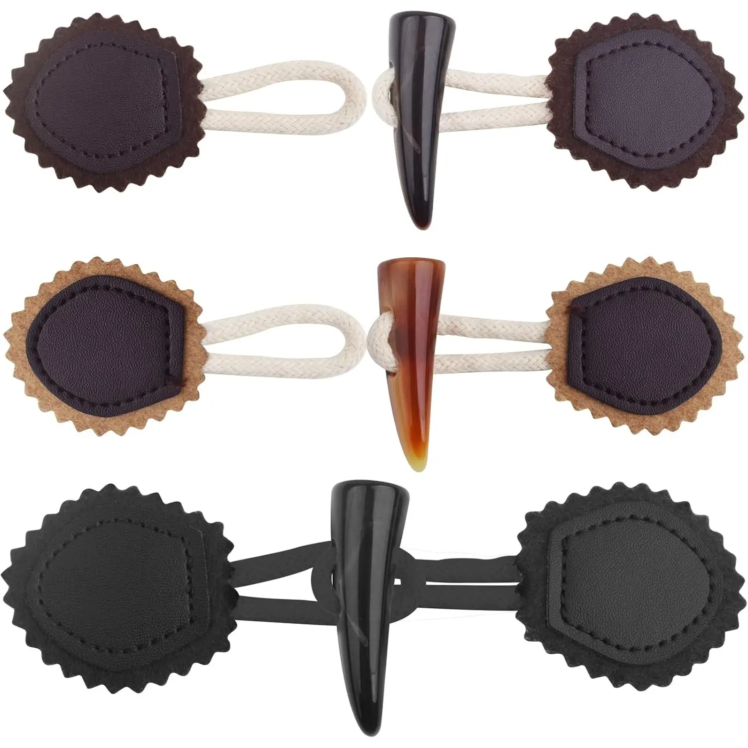 6 Pairs Vintage Resin Horn Coat Buttons Leather Sew-On Toggles Closure Buttons Sewing Accessories for Woolen Coat Clothing Jacket Sweater Windbreaker, 3 Colors