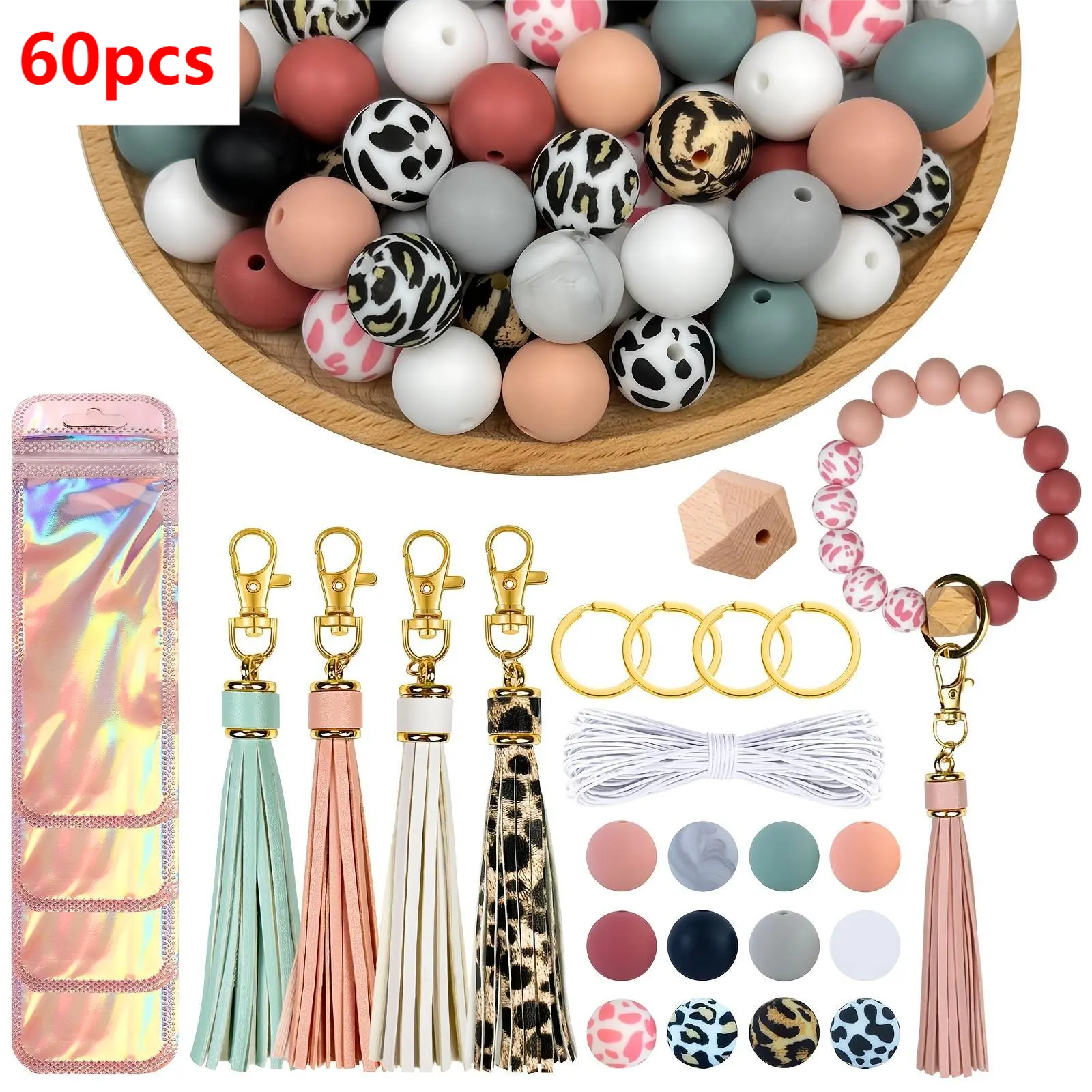 60pcs Silicone Beads for Keychain Making, 15mm Rubber Beads Kit for Keychain Bracelet Lanyards Pens with Key Rings And Tassels