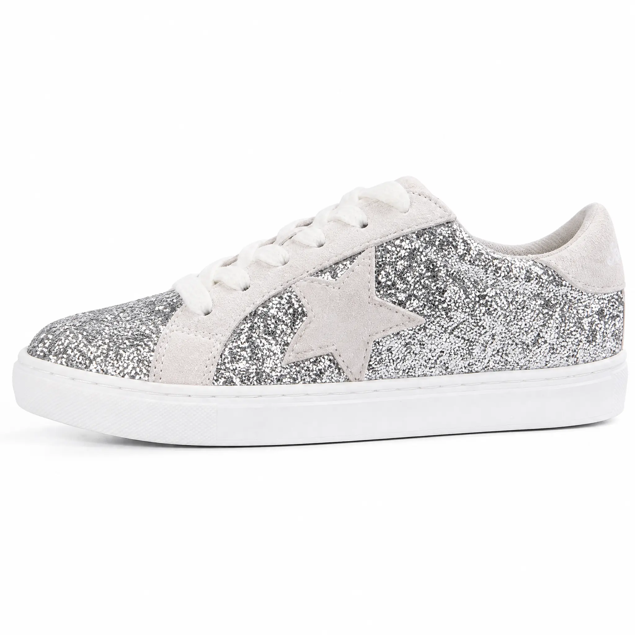 Silver Glitter Women's Fashion Sneakers – Star Casual Lace-Up Shoes