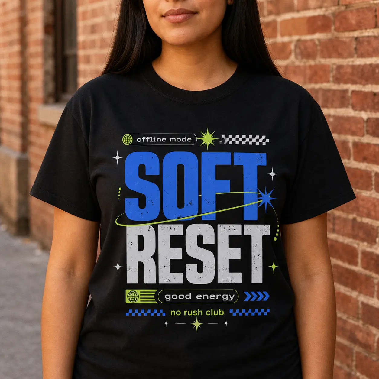 Soft Reset Offline Mode Graphic T Shirt 100 Percent Cotton Fitted 180g Black Crew Neck Y2K Tech Good Energy Tee