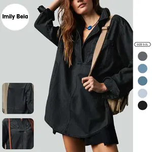 Imily Bela Women's Denim Pullover Casual Notch V Neck Blouse  Long Sleeve Jean Jacket with Pocket