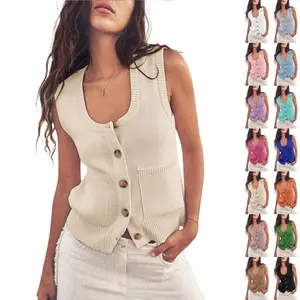 Danedvi Women's Minimalist Knitted Waist Vest, Basic Casual Sleeveless Ribbed Tank Top with Pockets, Button-Down Scoop Neck Summer Clothes for Women