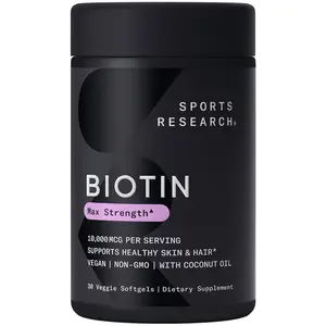 Sports Research Vegan Biotin 10,000mcg with Organic Coconut Oil - Max Strength Biotin Vitamin B7 - Non-GMO & Gluten Free , 30 Softgels