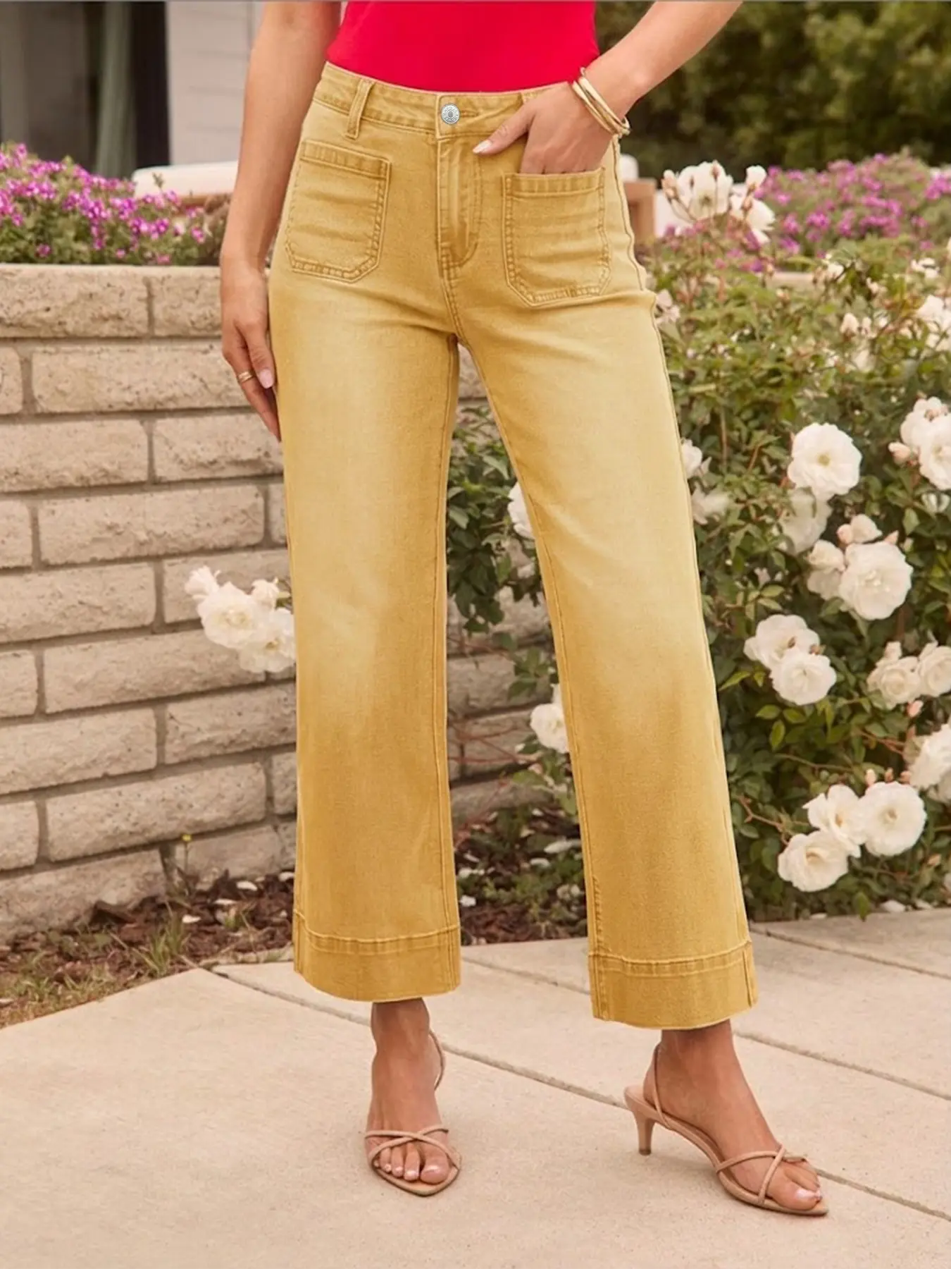 Utyful Women's High-Waisted Stretchy Denim Capri Bottoms - Wide-Leg, Loose Fit, Trendy Casual Summer Pants