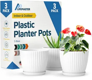 6-Inch Plant Pots with Drainage & Saucers 3 Pack, Indoor & Outdoor Planters for Houseplants, Herbs, and Flowers, Durable & Weatherproof Material, Stackable, Lightweight, Minimalist Design