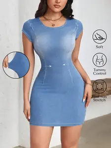 Elastic Knitted Denim Bodycon Dress, Round Neck Short Sleeve Slim Fit Sexy Mini Denim Dress, Trendy Fashion for Women