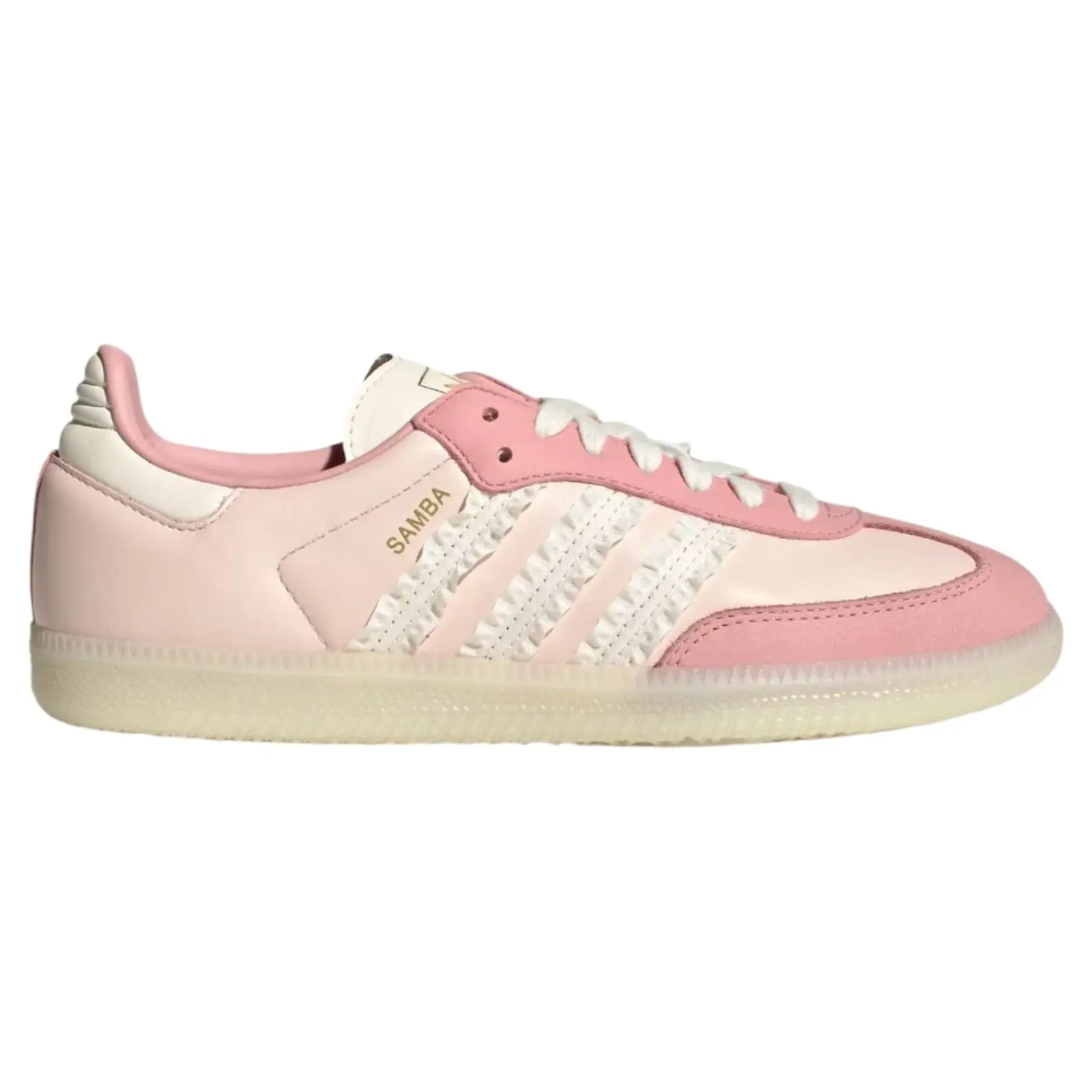 Adidas Samba Ruffle Stripes Pack Wonder Mauve Pink Women's Sneakers JR8830 Authentic Leather Upper Closed Fashion Ribbon Lace Athletic Shoes Metallic Gold, Casual, Trainer, Footwear, Streetwear-Inspired Casual Trainers, Sports Shoes, Walking Shoes