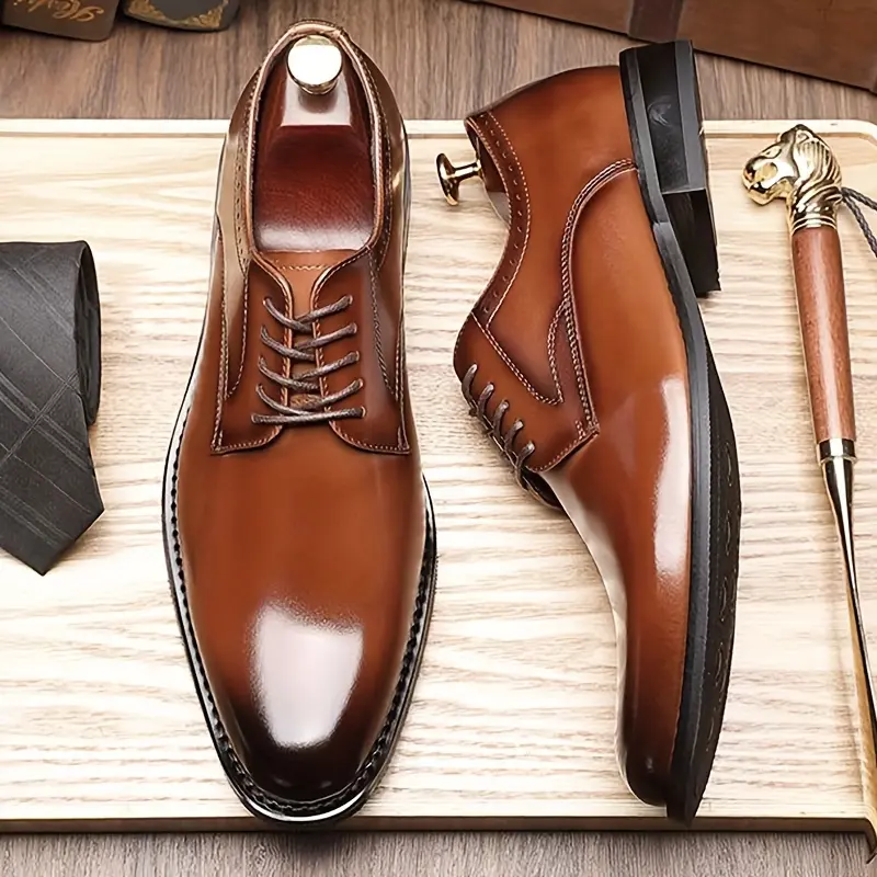 Men's Classic Brown Split Cowhide Leather Derby Office Shoes - Lace-Up Closure, Non-Slip Rubber Sole, Durable, All-Season Formal Shoes for Middle-Aged Men, Leather Dress Shoes