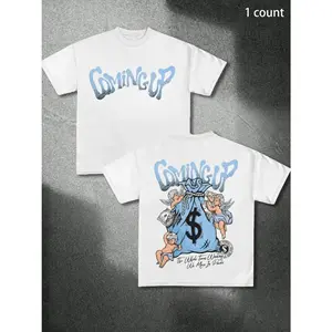 Men's Angel & Money Bag Print Round Neck Tee, Regular Fit Casual Short Sleeve Crew Neck T-Shirt for Summer, Fashion Men's Top for Daily Wear, Tropical, Casual Letters Print graphic