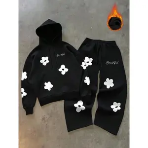 2kAmericanCasualHoodie&SweatpantsSet,FloralPrintDesign,UnisexStreetwearFashion,PerfectforDailyWear