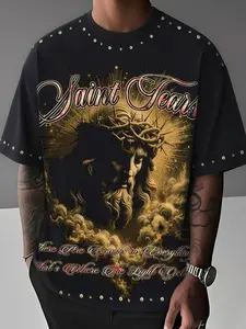 Women's Oversized T-Shirt, Saint Tears Rhinestone Jesus & Inspirational Quote Print, Slim-Fitting Casual Top for All Seasons