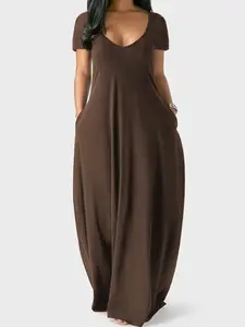 Women's Long Nightgown, Coffee Color, Casual Round Neck Short Sleeve Sleepwear, Soft & Comfortable Loungewear for All Seasons, Womenswear
