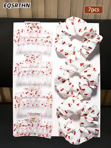 7pcs elegant bohemian style fabric hair ring with cherry pattern hair clip-perfect for ponytail, bun and styling accessories