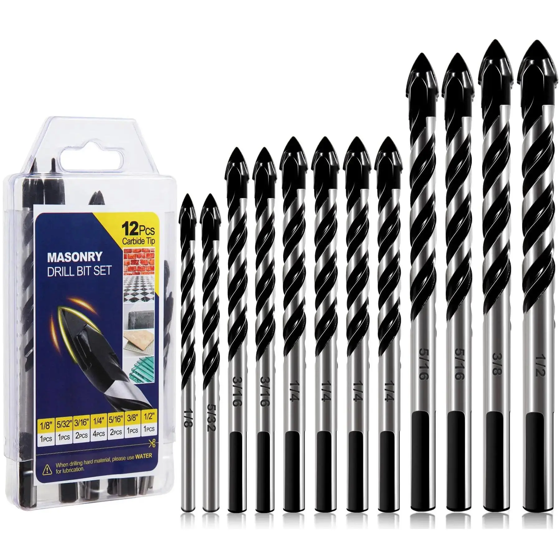 12-Piece Masonry Drill Bit Set - Carbide Tip Tools for Glass, Tile, Brick, Cement, Concrete, Wood - Professional Strength, Carbide Bit Drill Bit Sets