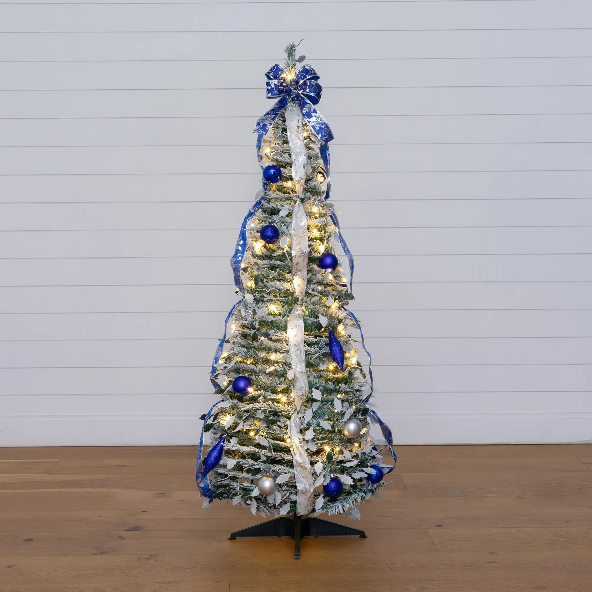 5ft Pre-Lit Flocked Artificial Pop-Up Christmas Tree Decor - LED Lighted Colorful Christmas Home Decoration with 100 Warm White LEDs, Silver Ornaments, Blue Ornaments, Ribbons for Holiday Room Use, Room Decor