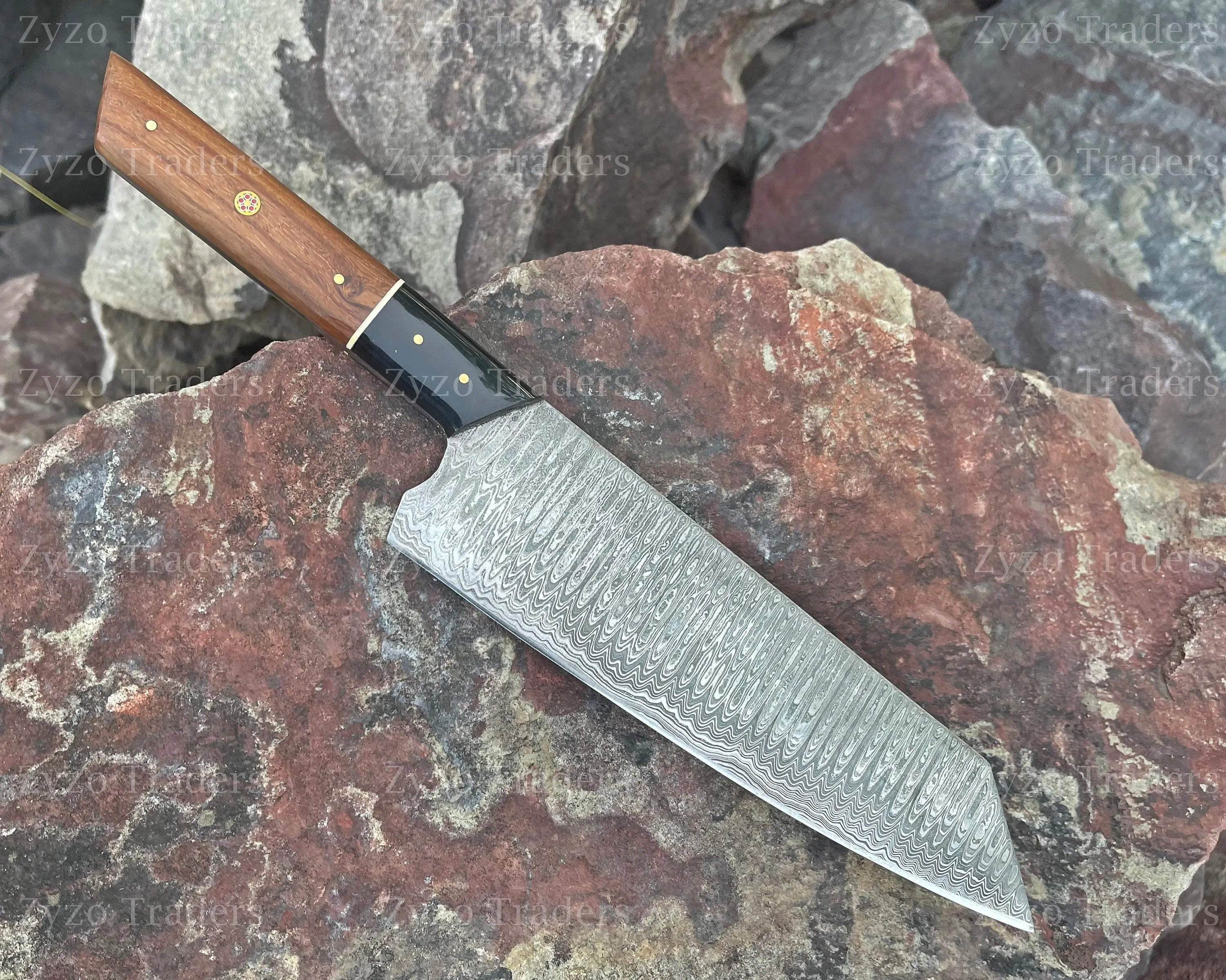 13-Inch Japanese Santoku Damascus Chef Knife with High-Carbon Steel Blade, Wood Handle for Essential Kitchen Cutting Tasks