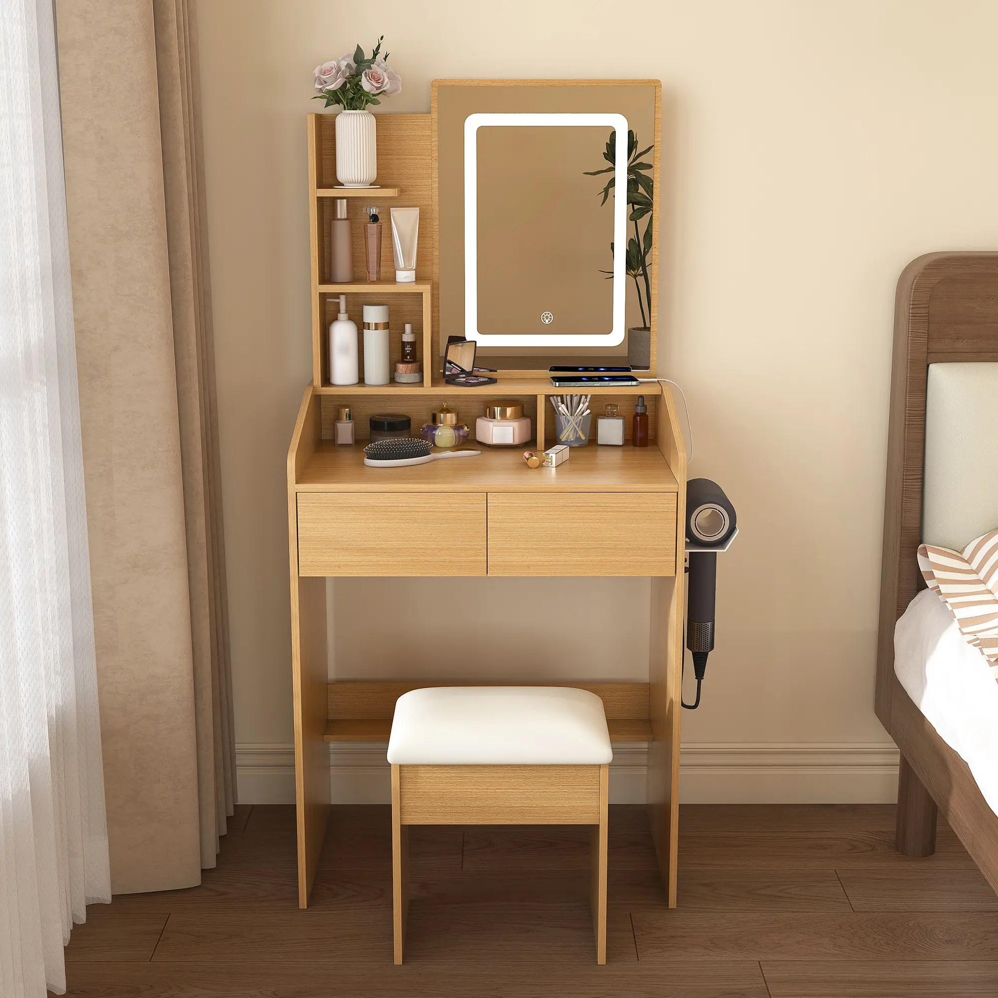 Modern Makeup Vanity Table with LED Lights, Power Outlet, Hairdryer Holder, Sturdy Wood Drawers, Stool - Makeup Storage Desk with Warm/Neutral/Cool Lighting for Small Bedrooms