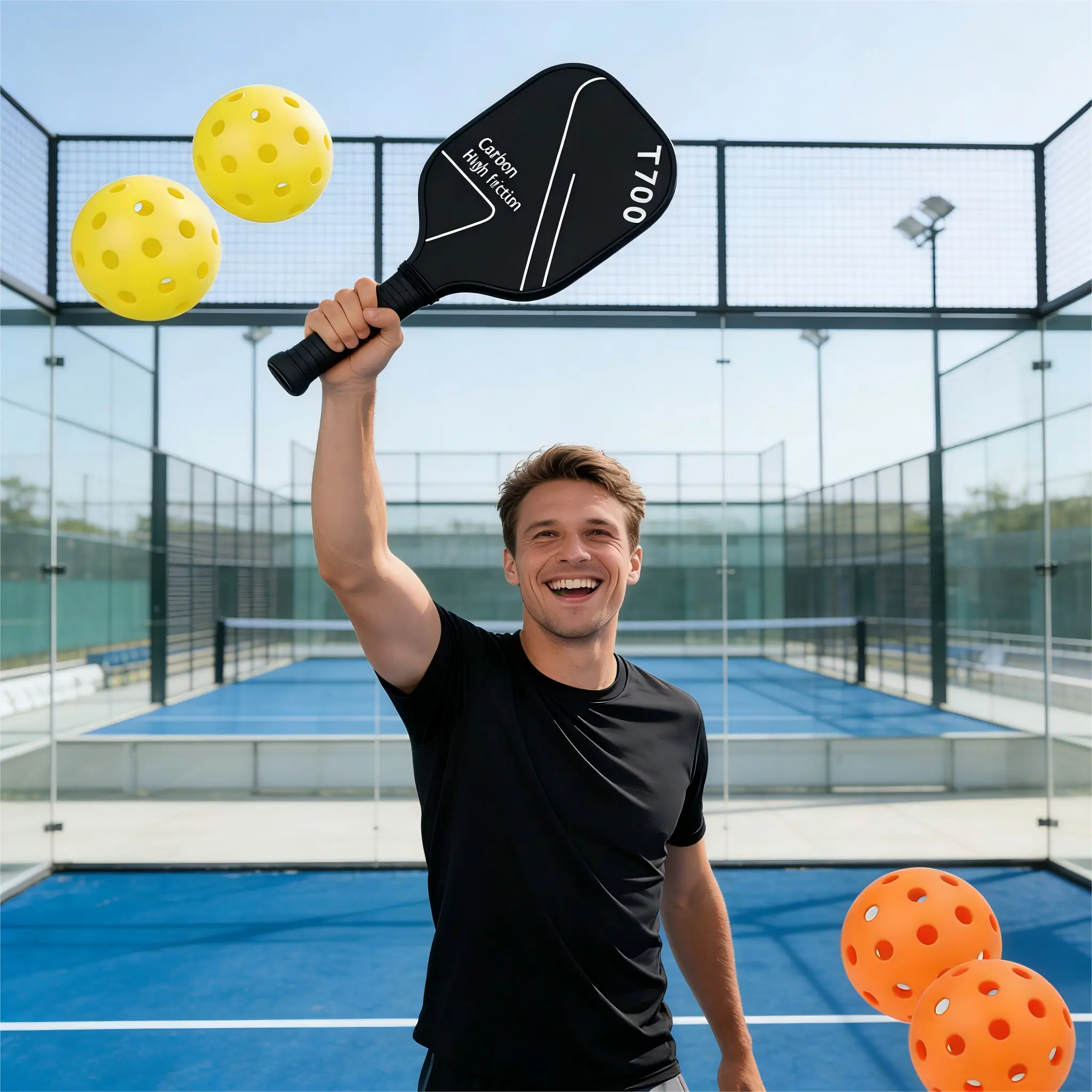 Phantom 2000 series, T700 carbon fiber Peak racket. Two-pack (black and white). Each set includes one black carbon fiber Peak racket, one white carbon fiber Peak racket, two Peak balls, and two Peak racket bags.