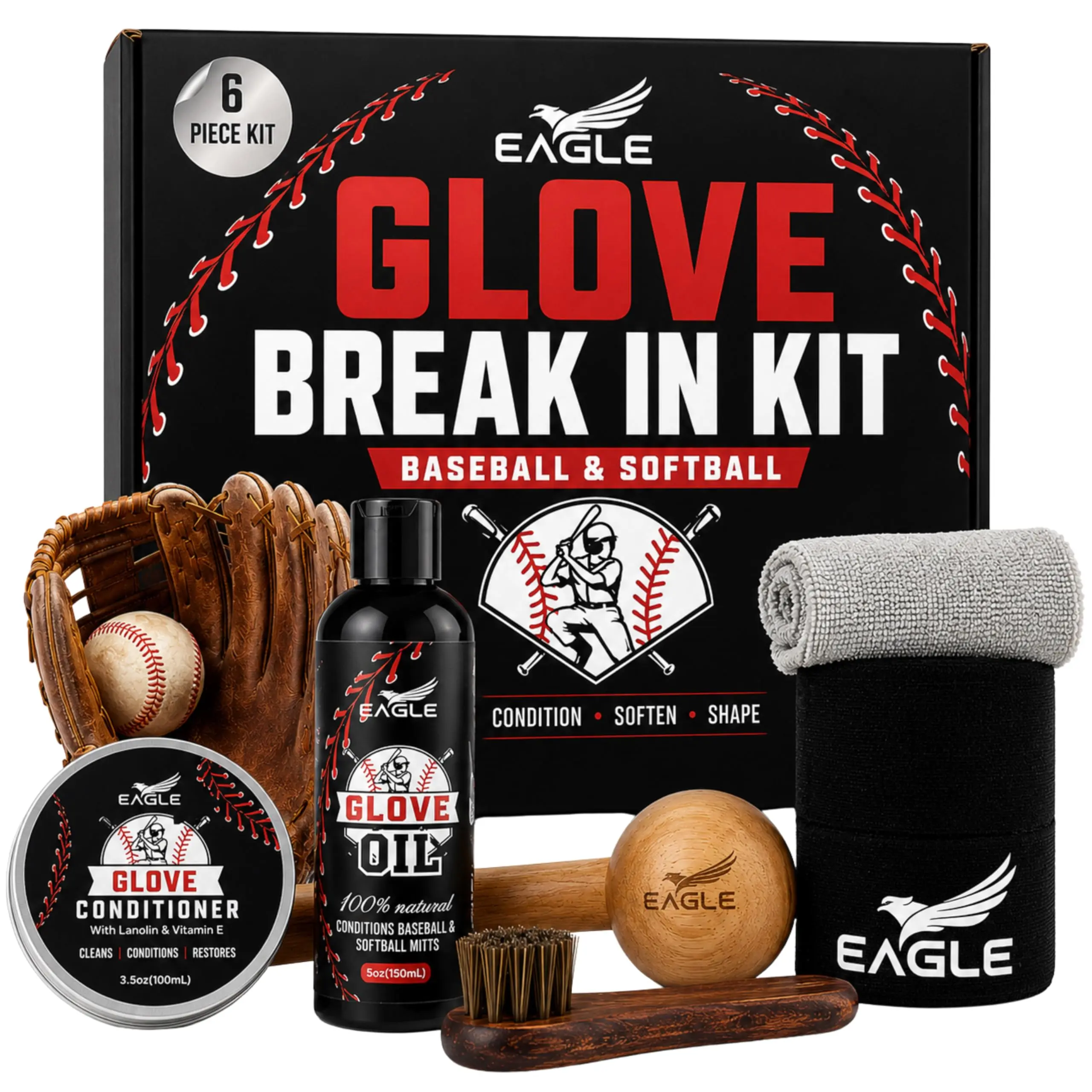 Eagle Glove Break in Kit - Glove Oil (8.45oz), Conditioner (3.38oz), Wrap, Mallet, Applicator & Cloth, 6-Pieces Set for Baseball Gloves, Softball Gloves