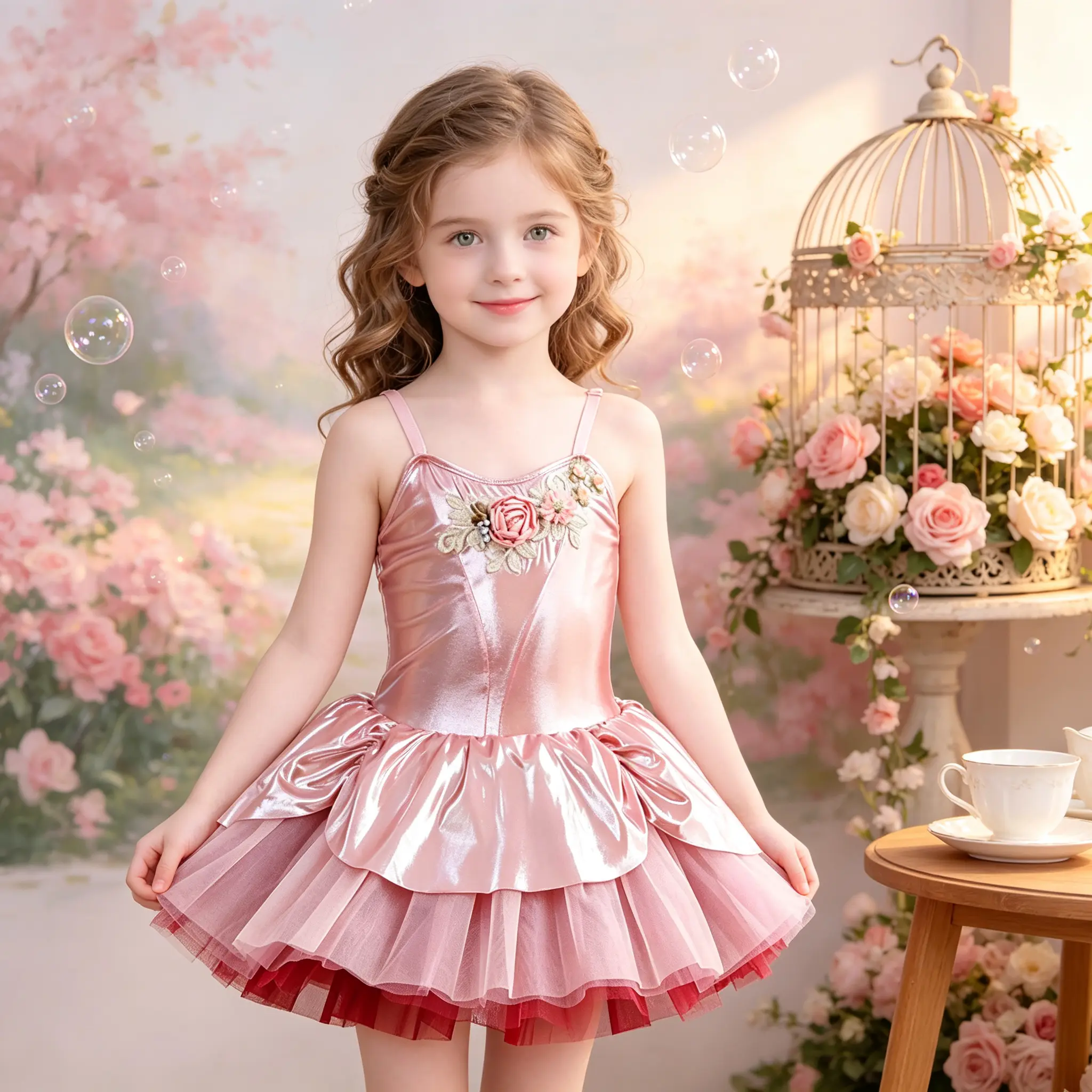 Girls' Sleeveless Shiny Satin Strap Ballet Tutu Dress - 3D Floral Rose Embroidery, Double Layer Ruffle Skirt, Polyester, Casual, Hand Wash Only for Dance Recital, Birthday Party