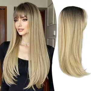 Clip in Synthetic Hair Topper with Bangs for Women Blonde with Dark Root 18inch Long Layered 6x6 Big Base Toppers Hairpieces for Thinning Hair