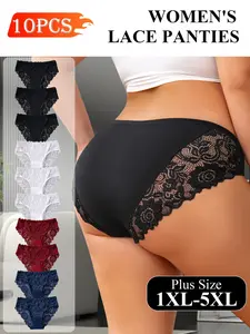 10pcs Plus Size French Lace Triangle Pants, Multi-Color Options, High Elasticity, No Roll Edge, Sizes 1xl-5xl, Perfect for Work and Dates