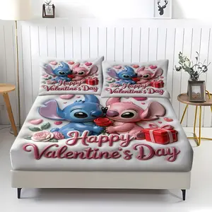 Stitch Animated Themed Cuddly Cartoon Print Bed Sheet Set, Includes 1 Flat Sheet and 2 Pillowcases, Comfortable Bed Linen with Non-Slip Dustproof Cover, Suitable for Bedrooms and Guest Rooms, Ideal for Kids and Holiday Gifts