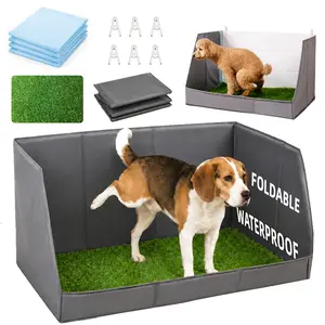 Dog Potty Tray with High Walls and Artificial Grass, 32" x 21"x 16"Foldable Indoor Dog Toilet,Waterproof Dog Pee Pad Holder with Leakproof Liner, Portable Pet Litter Box for Small Medium Dogs