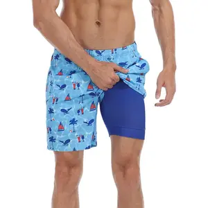 Mens Printed 7" Inseam Swim Trunks with Compression Liner Swimming  Shorts, Beach Quick Dry Fabric Front Pockets and Adjustable Drawstring, Great for Camping Essentials,Fishing Equipment & Tactical Stuff for Men cool summer streetwear perfect gift idea